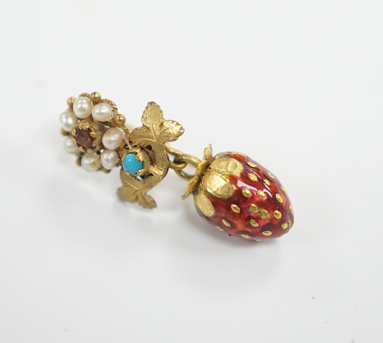 A single antique yellow metal, citrine?, turquoise, seed pearl and enamelled 'strawberry' drop earring, 25mm, gross weight 1.9 grams.